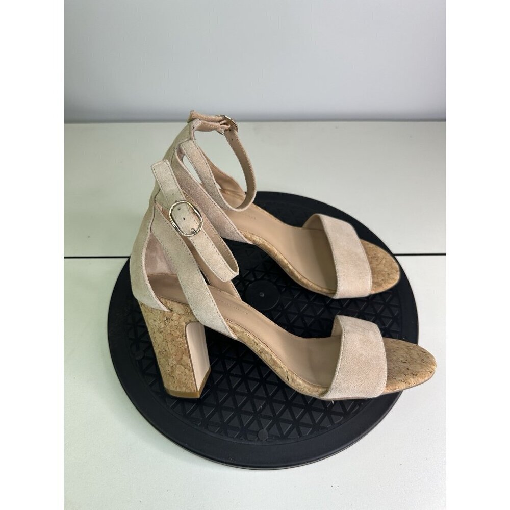 Anthropologie Cork Heeled Suede Sandals Sz 38 / 8 US